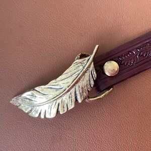 Brass Feather Belt Buckle with Hand Tooled Cowhide Leather Belt